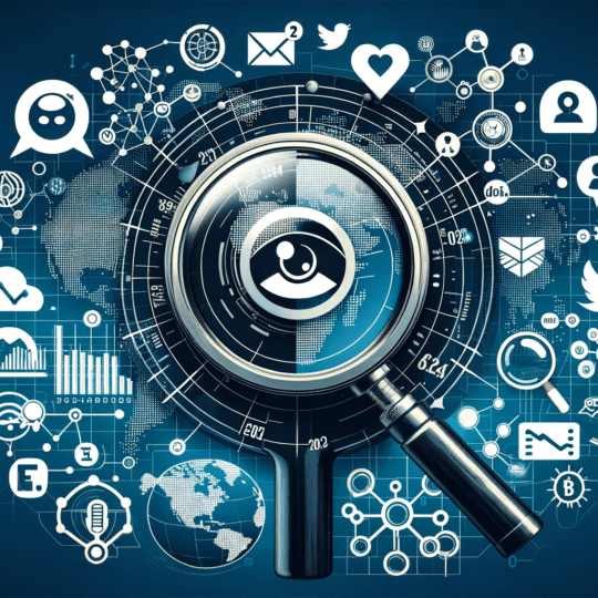 A vibrant, colorful collage depicting social media monitoring in 2023, featuring sharp icons of artificial intelligence, logos of popular social media platforms like Twitter, Instagram, and Facebook, a magnifying glass focusing on digital conversations, an analytics graph, and a global map, all presented in a modern, digital style.