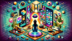 Symmetrical collage showcasing 2023 digital marketing trends, featuring a virtual reality headset, smart speaker, chatbots, AR furniture in a room, user-generated content on a smartphone, short-form video platform interface, micro-influencer, data privacy symbol, personalized news feed on a tablet, and an eco-friendly product.