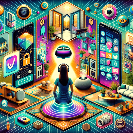 Symmetrical collage showcasing 2023 digital marketing trends, featuring a virtual reality headset, smart speaker, chatbots, AR furniture in a room, user-generated content on a smartphone, short-form video platform interface, micro-influencer, data privacy symbol, personalized news feed on a tablet, and an eco-friendly product.