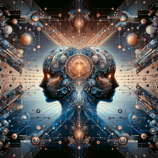 Abstract representation of the AI Renaissance, featuring symmetrical imagery of digital networks and neural patterns, symbolizing the fusion of technology and human intelligence.