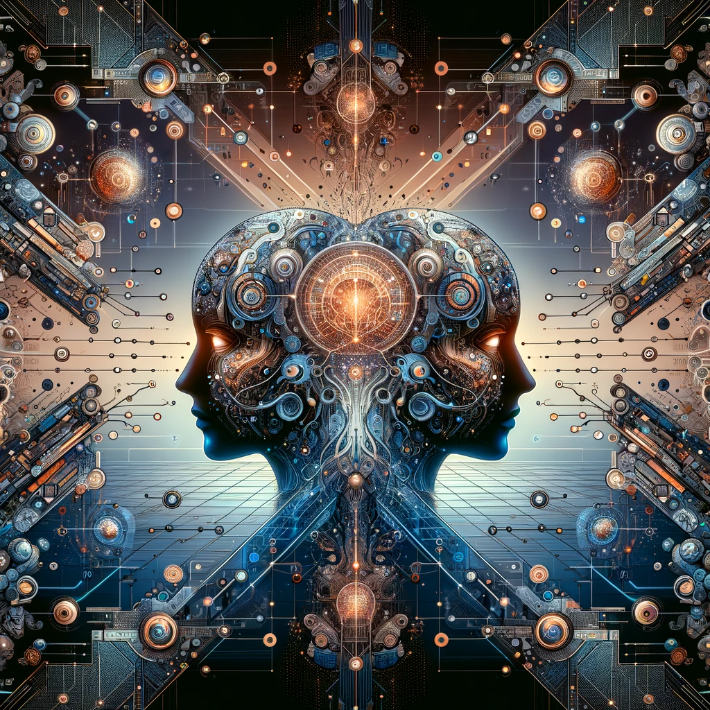 Abstract representation of the AI Renaissance, featuring symmetrical imagery of digital networks and neural patterns, symbolizing the fusion of technology and human intelligence.