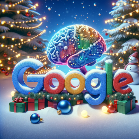 Festive image with 'Google' in colorful letters, a glowing brain with circuit patterns, surrounded by holiday decorations.