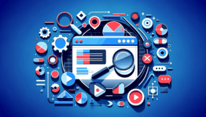 Abstract digital collage depicting web analytics and SEO tools, with symbols like magnifying glass, checkmarks, and play buttons, against a blue background.