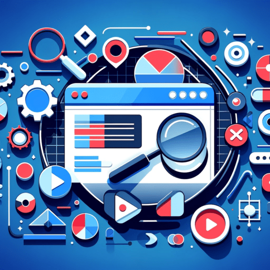 Abstract digital collage depicting web analytics and SEO tools, with symbols like magnifying glass, checkmarks, and play buttons, against a blue background.