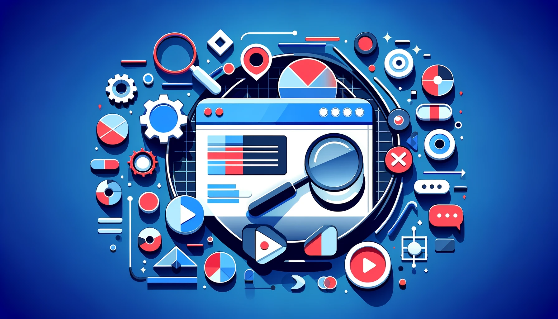 Abstract digital collage depicting web analytics and SEO tools, with symbols like magnifying glass, checkmarks, and play buttons, against a blue background.